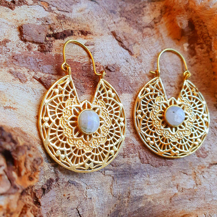 Golden Ethnic Moonstone Earrings Ethnic, rustic, yoga, hippie, gypsy, pretty, psy, boho, bohemian, festival