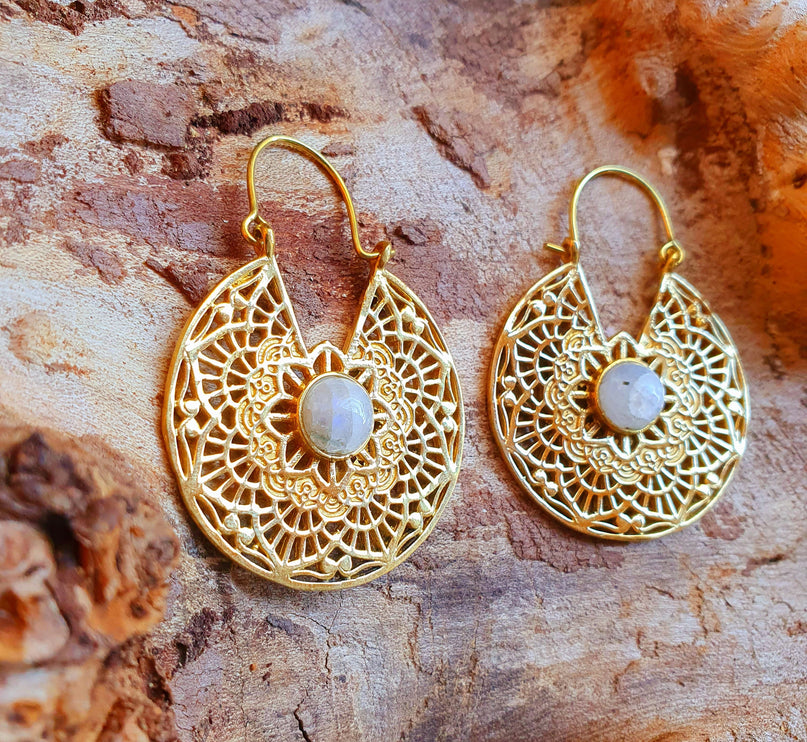 Golden Ethnic Moonstone Earrings Ethnic, rustic, yoga, hippie, gypsy, pretty, psy, boho, bohemian, festival