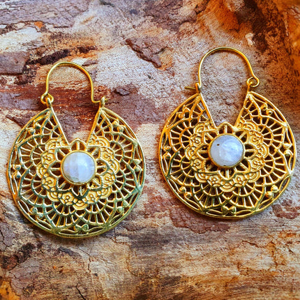 Golden Ethnic Moonstone Earrings Ethnic, rustic, yoga, hippie, gypsy, pretty, psy, boho, bohemian, festival