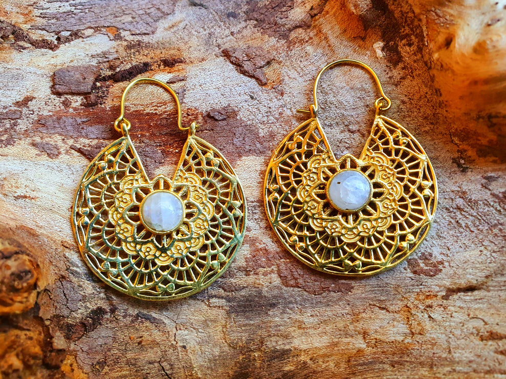 Golden Ethnic Moonstone Earrings Ethnic, rustic, yoga, hippie, gypsy, pretty, psy, boho, bohemian, festival