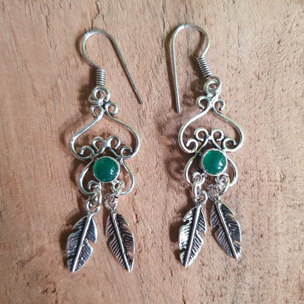 Green Onyx Silver Feather Drop Dangle earrings / Birth Stone / Ethnic / rustic, yoga, hippie, gypsy, pretty, psy, boho, bohemian, festival