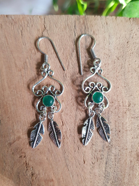 Green Onyx Silver Feather Drop Dangle earrings / Birth Stone / Ethnic / rustic, yoga, hippie, gypsy, pretty, psy, boho, bohemian, festival