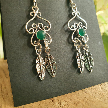Green Onyx Silver Feather Drop Dangle earrings / Birth Stone / Ethnic / rustic, yoga, hippie, gypsy, pretty, psy, boho, bohemian, festival
