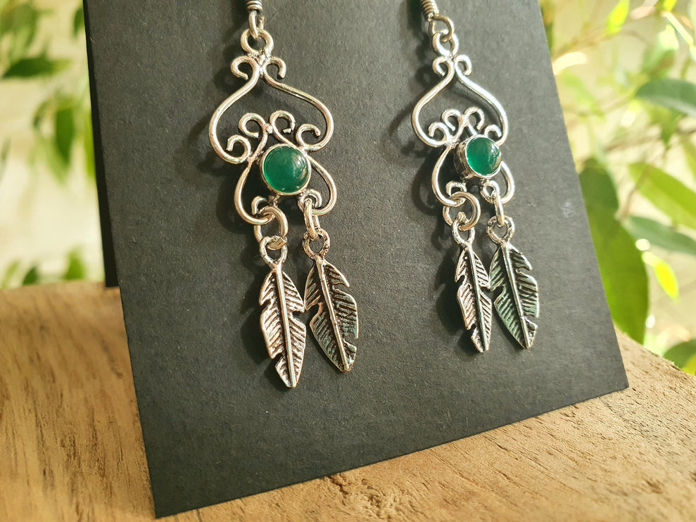 Green Onyx Silver Feather Drop Dangle earrings / Birth Stone / Ethnic / rustic, yoga, hippie, gypsy, pretty, psy, boho, bohemian, festival