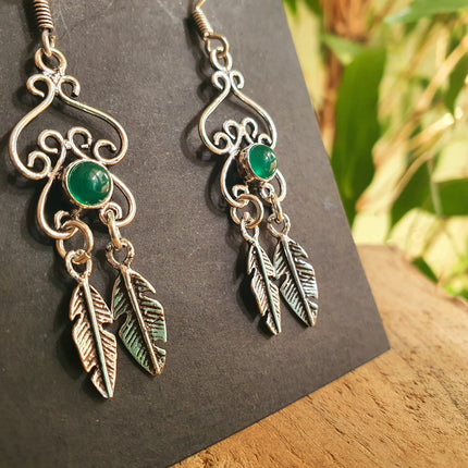 Green Onyx Silver Feather Drop Dangle earrings / Birth Stone / Ethnic / rustic, yoga, hippie, gypsy, pretty, psy, boho, bohemian, festival