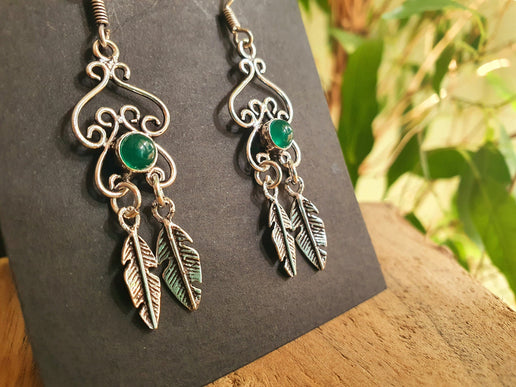 Green Onyx Silver Feather Drop Dangle earrings / Birth Stone / Ethnic / rustic, yoga, hippie, gypsy, pretty, psy, boho, bohemian, festival