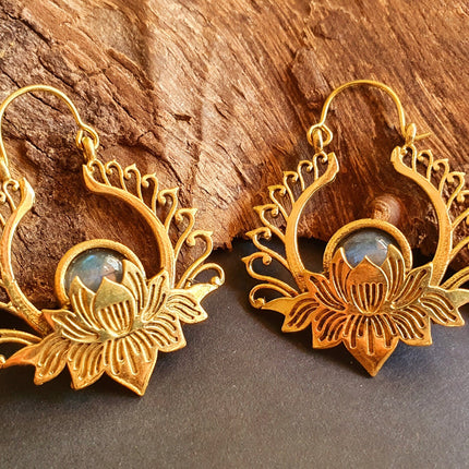 Golden Lotus Flower Labradorite Earrings rustic, yoga, hippie, gypsy, pretty, psy, boho, bohemian, festival
