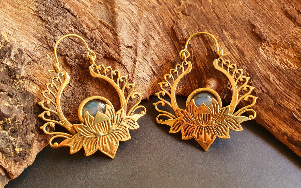 Golden Lotus Flower Labradorite Earrings rustic, yoga, hippie, gypsy, pretty, psy, boho, bohemian, festival