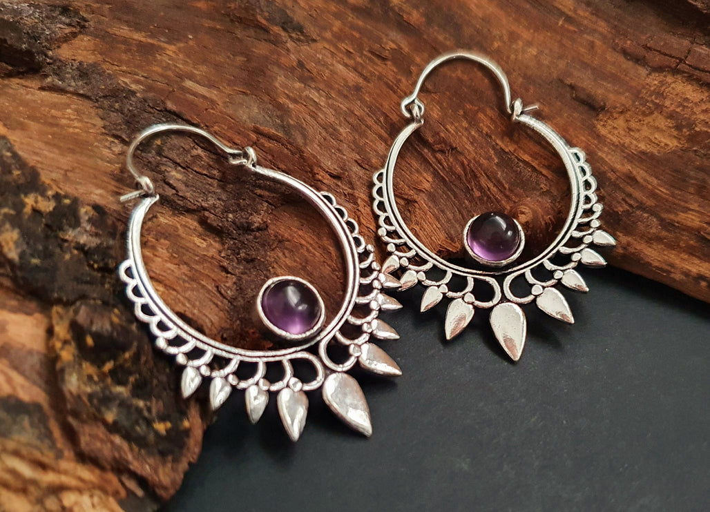 Amethyst Silver Spiky Hoop Earrings Ethnic, rustic, yoga, hippie, gypsy, pretty, psy, boho, bohemian, festival