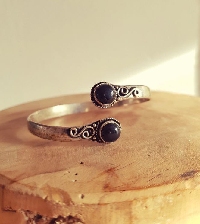 Black Onyx Silver Bracelet / Bangle / Ethnic / Rustic / Bohemian / Hippie / Gypsy / Psy / Chic / Jewellery / Body / Adjustable