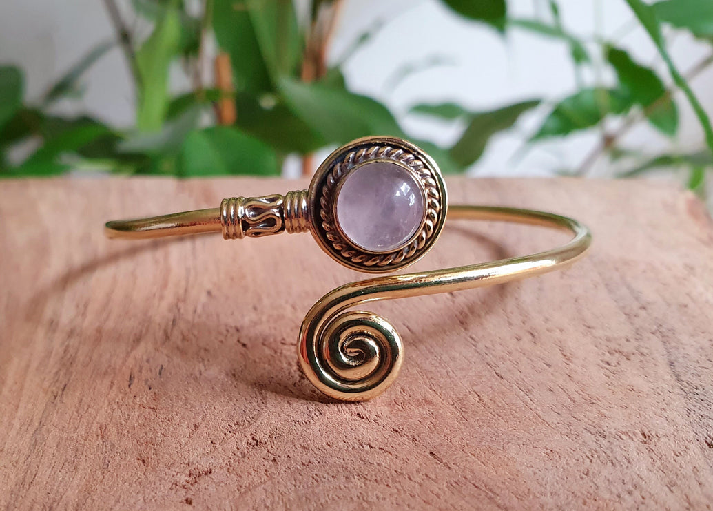 Gold Bracelet & Rose Quartz / Brass / Adjustable / Spiral / Ethnic / Rustic / Bohemian / Boho / 