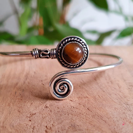 Silver Bracelet & Tiger Eye / Brass / Adjustable / Spiral / Ethnic / Rustic / Bohemian / Boho / 