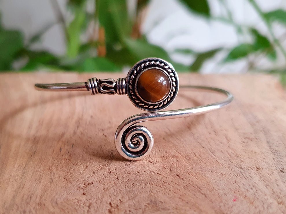 Silver Bracelet & Tiger Eye / Brass / Adjustable / Spiral / Ethnic / Rustic / Bohemian / Boho / 