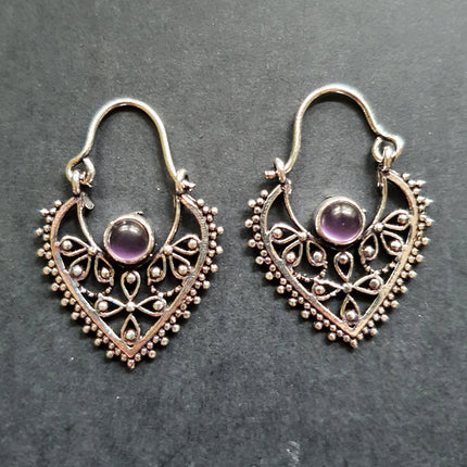 Small Boho Silver Earrings Amethyst / Triangle / Mandala / Ethnic / Rustic / Yoga / Hippie / Gypsy / Psy / Bohemian / Festival