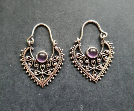 Small Boho Silver Earrings Amethyst / Triangle / Mandala / Ethnic / Rustic / Yoga / Hippie / Gypsy / Psy / Bohemian / Festival