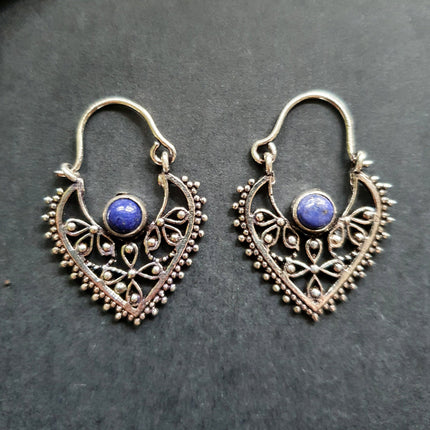 Small Boho Silver Earrings Lapis Lazuli / Triangle / Mandala / Ethnic / Rustic / Yoga / Hippie / Gypsy / Psy / Bohemian / Festival