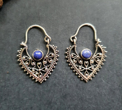 Small Boho Silver Earrings Lapis Lazuli / Triangle / Mandala / Ethnic / Rustic / Yoga / Hippie / Gypsy / Psy / Bohemian / Festival