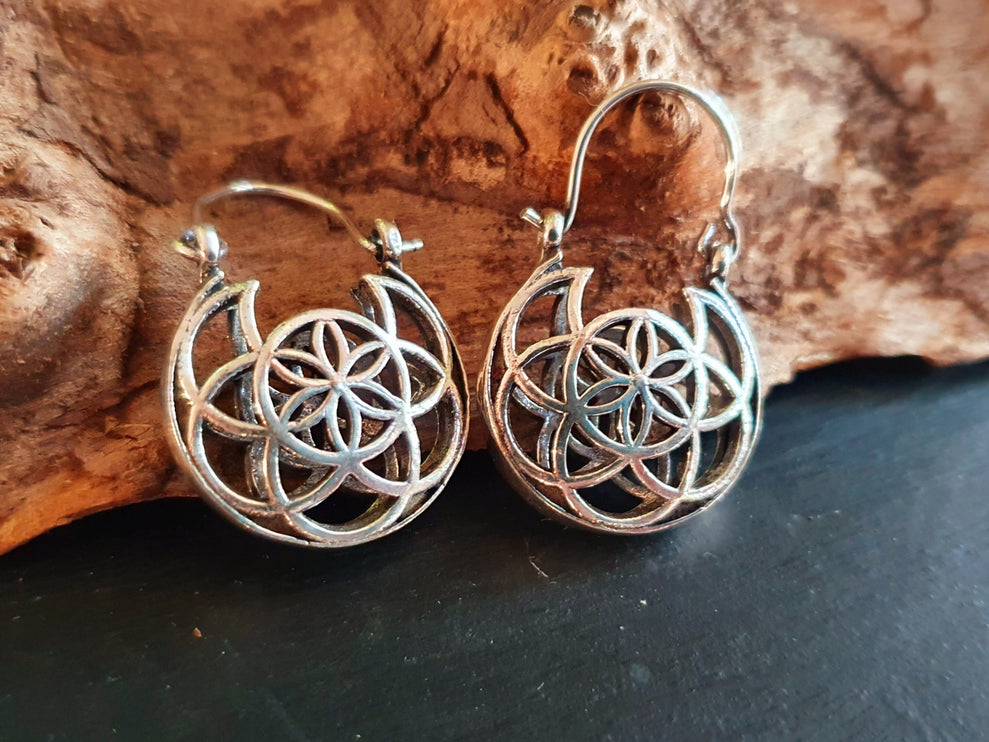 Boho Seed of Life Silver Earrings; Ethnic, Geometric, Small, Rustic, Yoga, Hippie, Gypsy, Pretty, Ssy, Boho, Bohemian, Festival