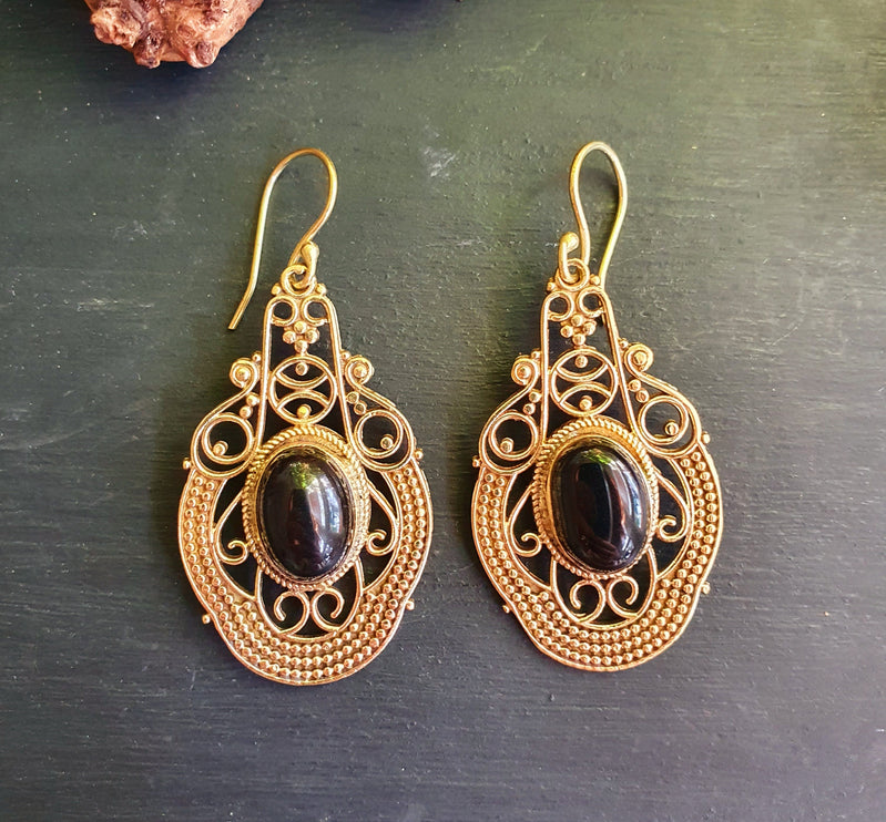 Large Blac Onyx Brass Drop Dangle earrings / Birth Stone / Ethnic / rustic, yoga, hippie, gypsy, pretty, psy, boho, bohemian, festival