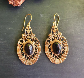 Large Blac Onyx Brass Drop Dangle earrings / Birth Stone / Ethnic / rustic, yoga, hippie, gypsy, pretty, psy, boho, bohemian, festival