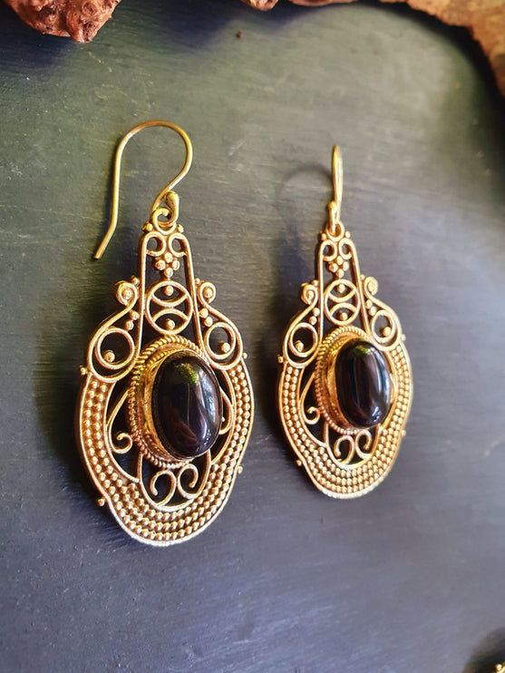 Large Blac Onyx Brass Drop Dangle earrings / Birth Stone / Ethnic / rustic, yoga, hippie, gypsy, pretty, psy, boho, bohemian, festival