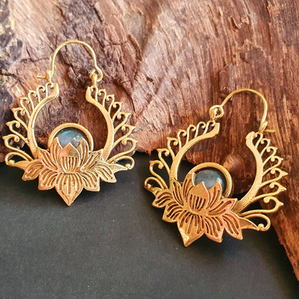 Golden Lotus Flower Labradorite Earrings rustic, yoga, hippie, gypsy, pretty, psy, boho, bohemian, festival