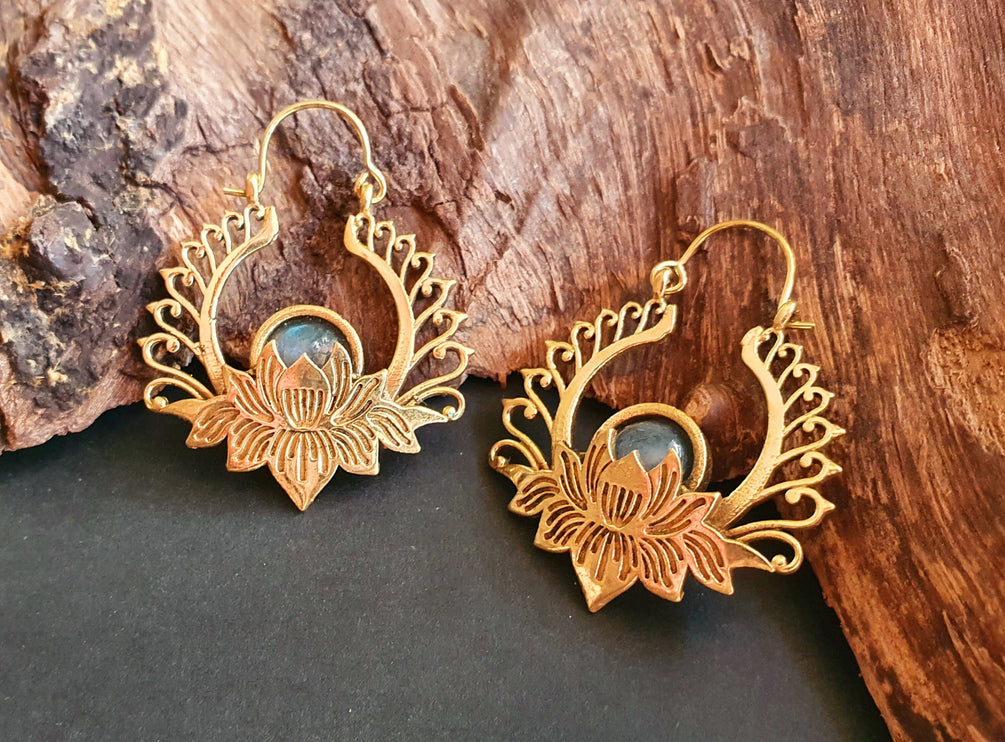 Golden Lotus Flower Labradorite Earrings rustic, yoga, hippie, gypsy, pretty, psy, boho, bohemian, festival