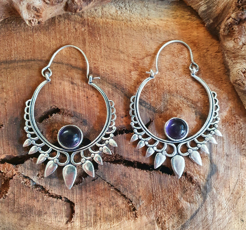 Amethyst Silver Spiky Hoop Earrings Ethnic, rustic, yoga, hippie, gypsy, pretty, psy, boho, bohemian, festival