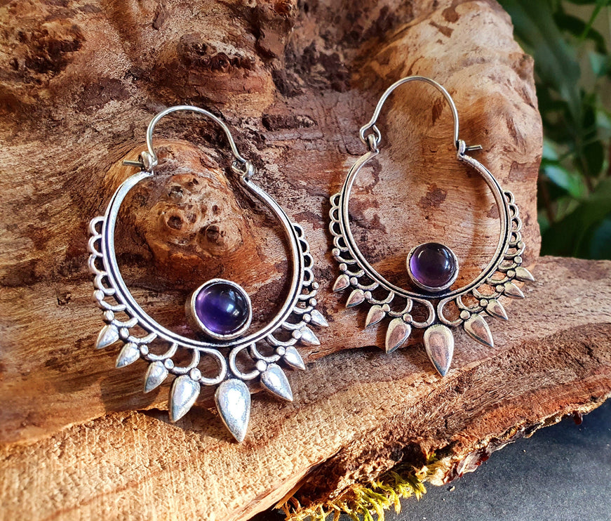 Amethyst Silver Spiky Hoop Earrings Ethnic, rustic, yoga, hippie, gypsy, pretty, psy, boho, bohemian, festival