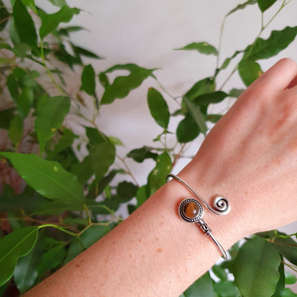 Silver Bracelet & Tiger Eye / Brass / Adjustable / Spiral / Ethnic / Rustic / Bohemian / Boho / 