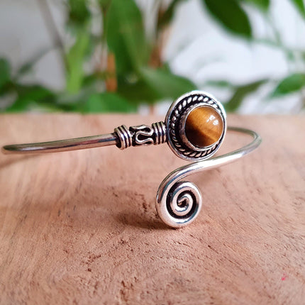 Silver Bracelet & Tiger Eye / Brass / Adjustable / Spiral / Ethnic / Rustic / Bohemian / Boho / 