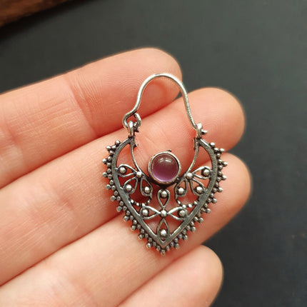 Small Boho Silver Earrings Amethyst / Triangle / Mandala / Ethnic / Rustic / Yoga / Hippie / Gypsy / Psy / Bohemian / Festival