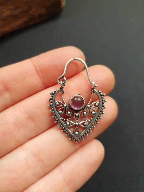 Small Boho Silver Earrings Amethyst / Triangle / Mandala / Ethnic / Rustic / Yoga / Hippie / Gypsy / Psy / Bohemian / Festival