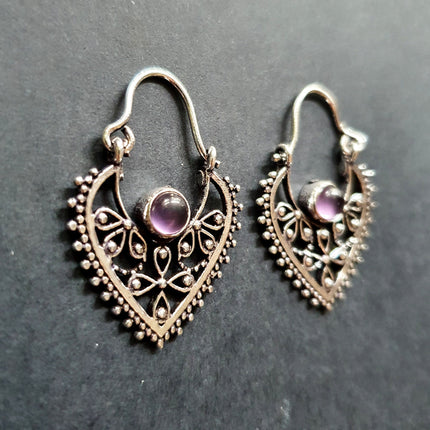Small Boho Silver Earrings Amethyst / Triangle / Mandala / Ethnic / Rustic / Yoga / Hippie / Gypsy / Psy / Bohemian / Festival