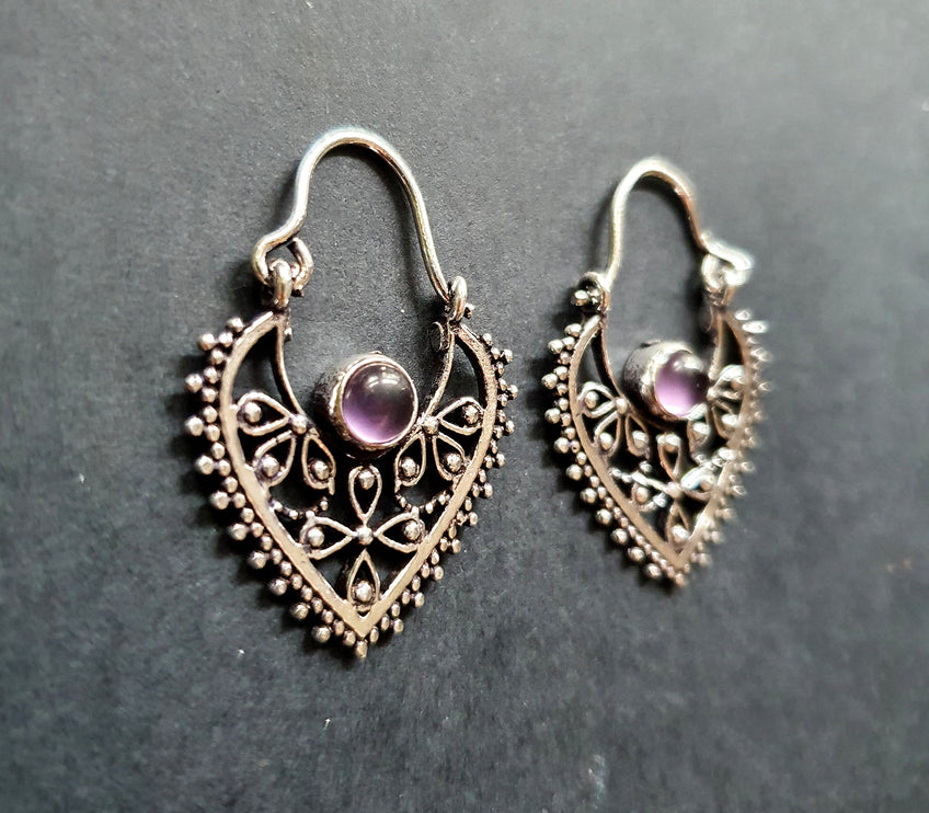 Small Boho Silver Earrings Amethyst / Triangle / Mandala / Ethnic / Rustic / Yoga / Hippie / Gypsy / Psy / Bohemian / Festival