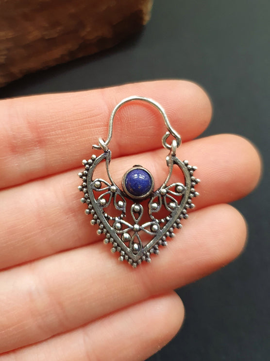 Small Boho Silver Earrings Lapis Lazuli / Triangle / Mandala / Ethnic / Rustic / Yoga / Hippie / Gypsy / Psy / Bohemian / Festival