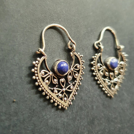 Small Boho Silver Earrings Lapis Lazuli / Triangle / Mandala / Ethnic / Rustic / Yoga / Hippie / Gypsy / Psy / Bohemian / Festival