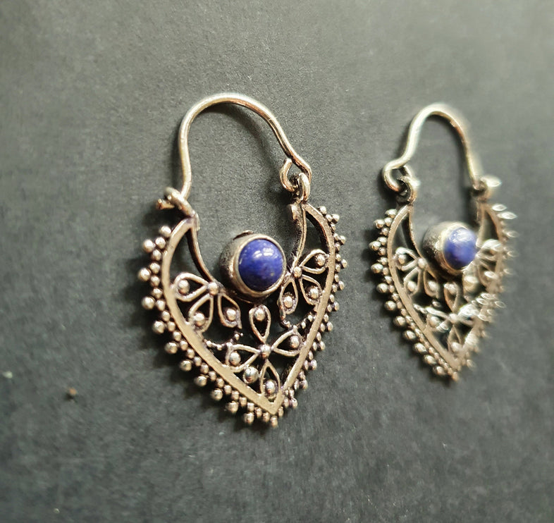 Small Boho Silver Earrings Lapis Lazuli / Triangle / Mandala / Ethnic / Rustic / Yoga / Hippie / Gypsy / Psy / Bohemian / Festival