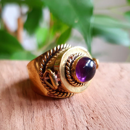 Gold Poison Ring / Brass & Amethyst / Alchemy / Locket Ring / Boho / Bohemian / Rustic / Tribal / Gypsy / Festival / Healing / Festival 