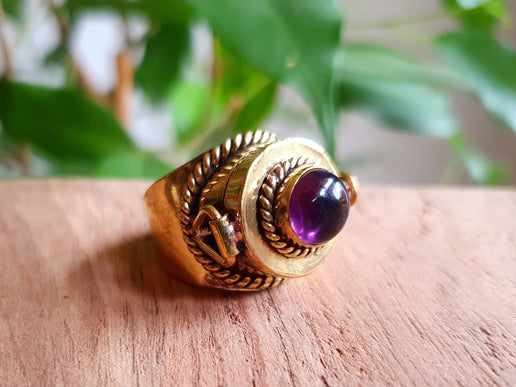 Gold Poison Ring / Brass & Amethyst / Alchemy / Locket Ring / Boho / Bohemian / Rustic / Tribal / Gypsy / Festival / Healing / Festival 