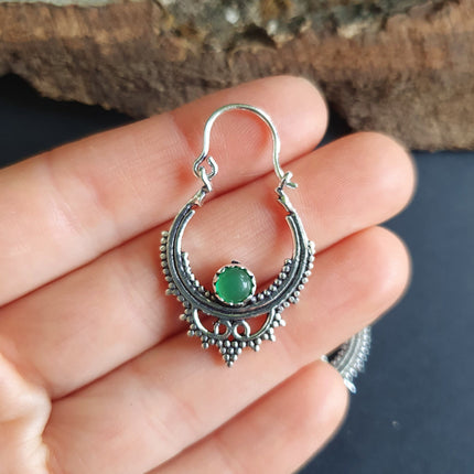 Petites BO Argentées / Onyx Vert / Boucles D'oreilles Argent / Boho Bohème Ethnique Rustique Indien Yoga Gypsy Hippie Bohemian