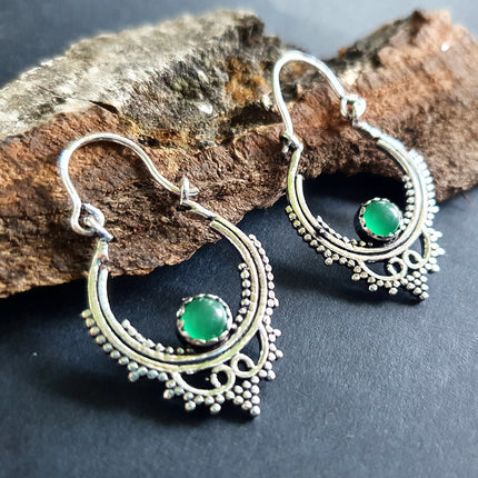 Petites BO Argentées / Onyx Vert / Boucles D'oreilles Argent / Boho Bohème Ethnique Rustique Indien Yoga Gypsy Hippie Bohemian