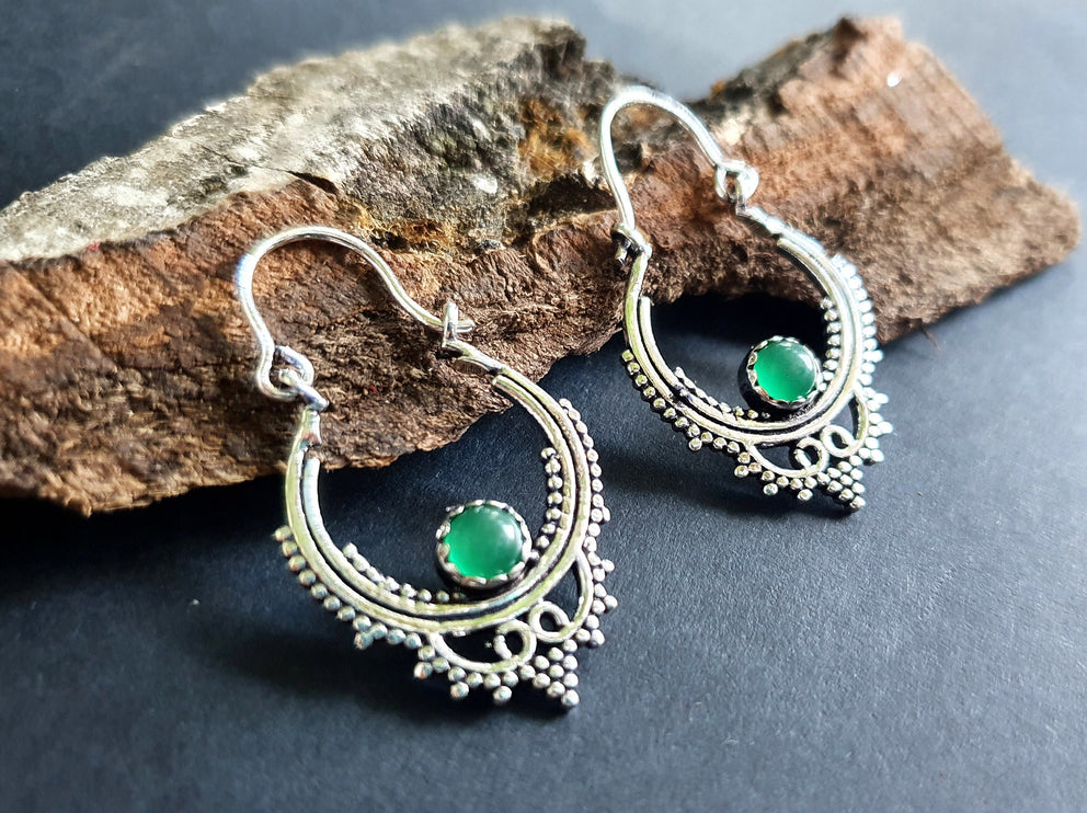 Petites BO Argentées / Onyx Vert / Boucles D'oreilles Argent / Boho Bohème Ethnique Rustique Indien Yoga Gypsy Hippie Bohemian