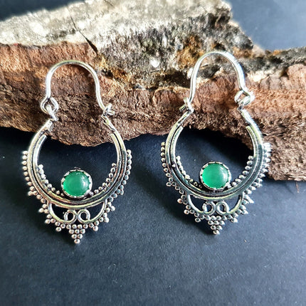 Petites BO Argentées / Onyx Vert / Boucles D'oreilles Argent / Boho Bohème Ethnique Rustique Indien Yoga Gypsy Hippie Bohemian