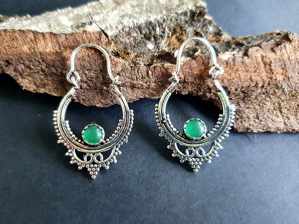 Petites BO Argentées / Onyx Vert / Boucles D'oreilles Argent / Boho Bohème Ethnique Rustique Indien Yoga Gypsy Hippie Bohemian