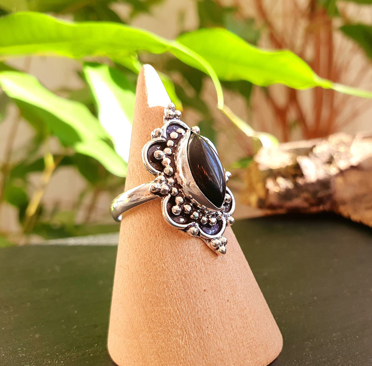 Boho Indian Black Onyx Silver Ring / Ethnic / Rustic / Festival / Tribal / Black / Hippie / Gypsy / Psy / Stone / Healing / Adjustable