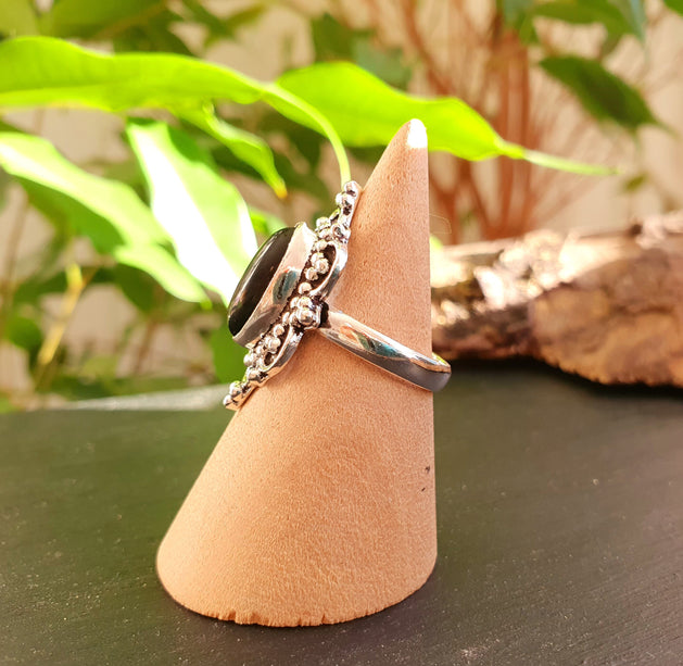 Boho Indian Black Onyx Silver Ring / Ethnic / Rustic / Festival / Tribal / Black / Hippie / Gypsy / Psy / Stone / Healing / Adjustable