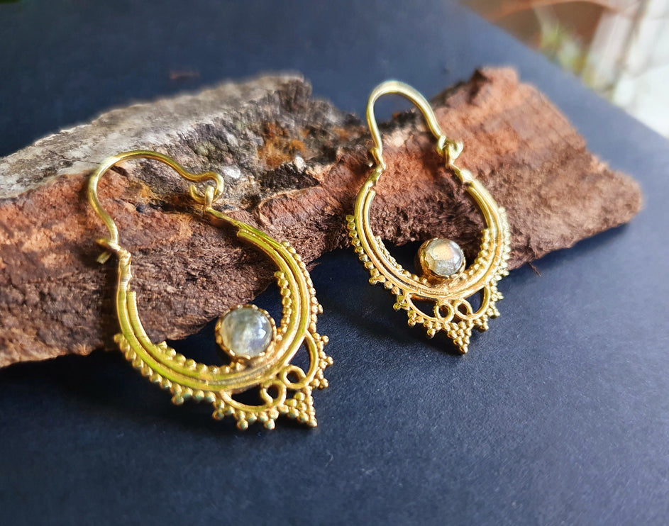 Labradorite Small Boho Hoops Brass Earrings / Triangle / Mandala / Ethnic / Rustic / Yoga / Hippie / Gypsy / Psy / Bohemian / Festival