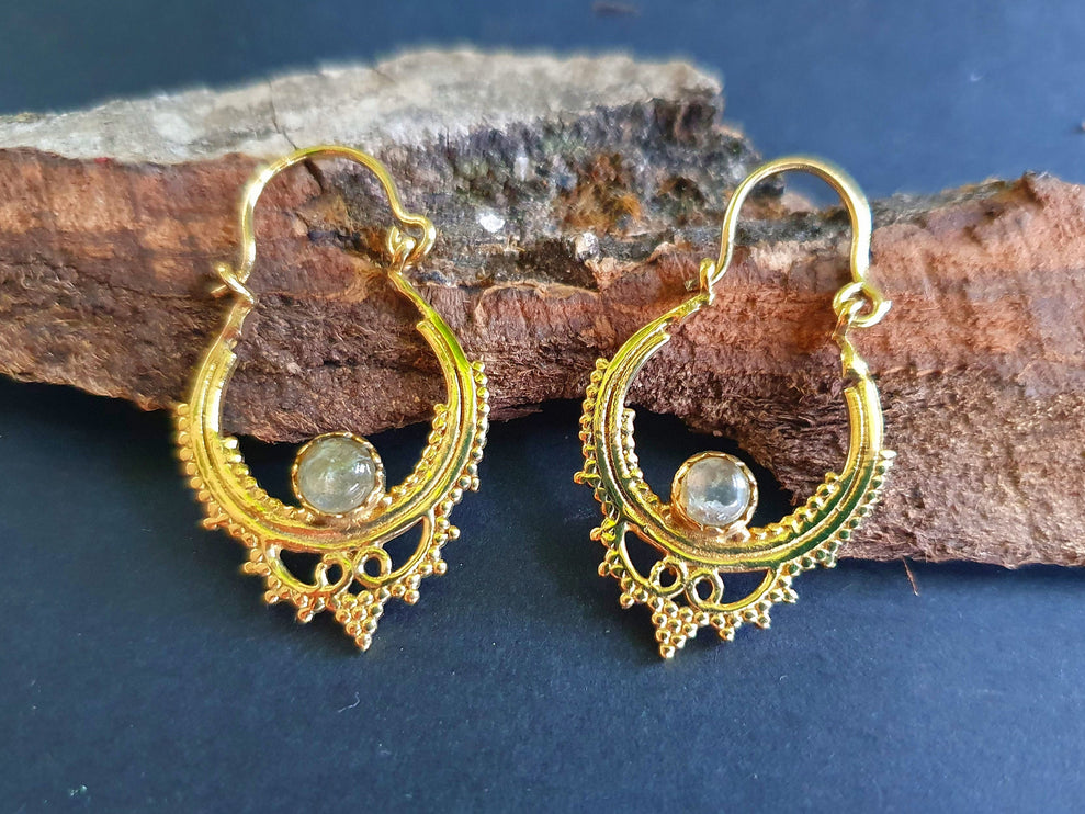 Labradorite Small Boho Hoops Brass Earrings / Triangle / Mandala / Ethnic / Rustic / Yoga / Hippie / Gypsy / Psy / Bohemian / Festival