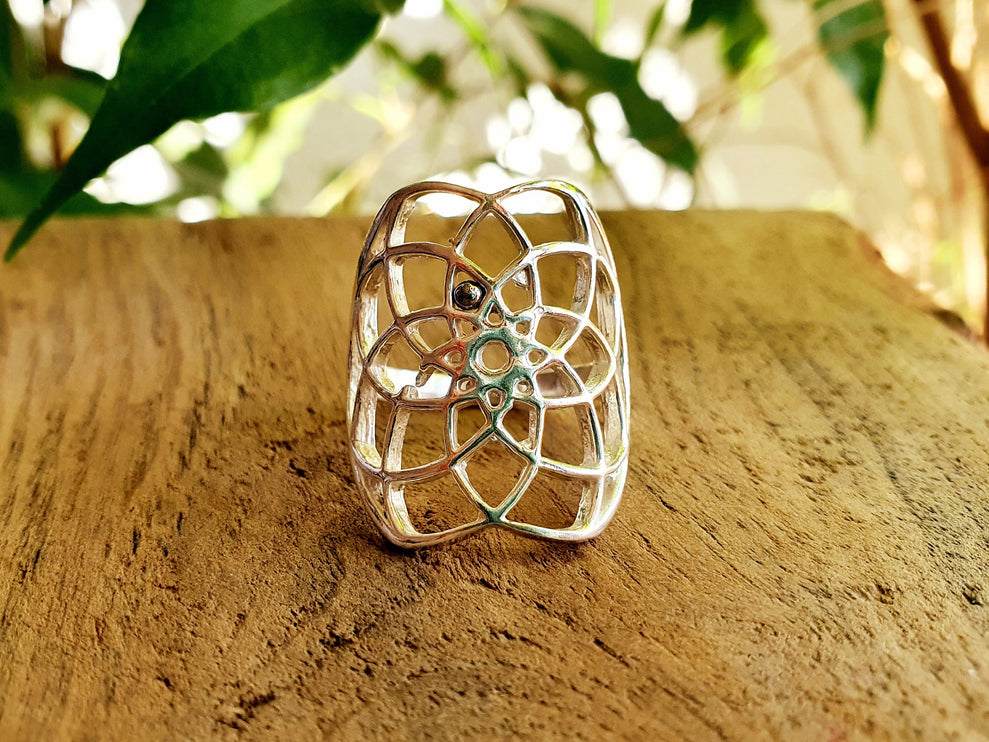 Bague Graine de Vie Argent Mandala Géométrique / Bohème / Boho / Spirale / Psy / Gypsy / Ethnique / Rustique / Hippie / Tribal / Festival /